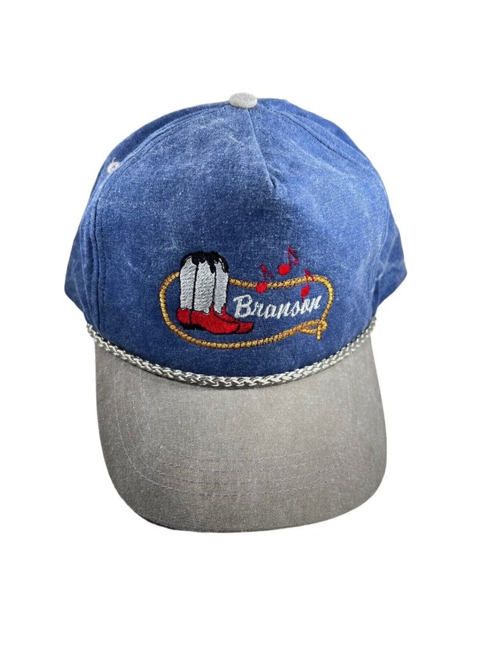 Vtg Denim Branson Embroidered Hat Cowboy Boots Lasso Music Notes Snapback Cap